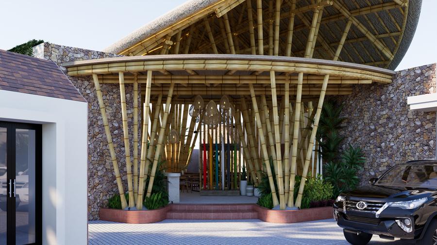 Arrival entrance beneath a curved bamboo canopy and stone wall