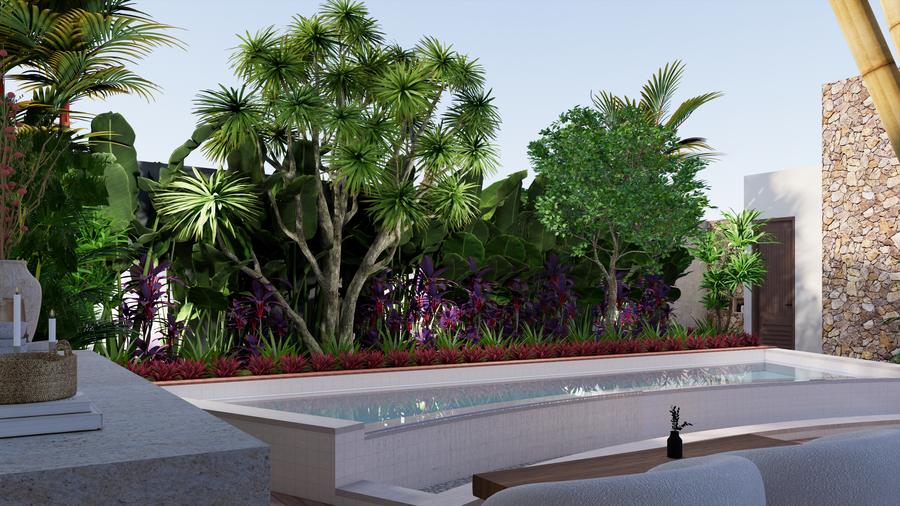 A long pool edged with tropical planting