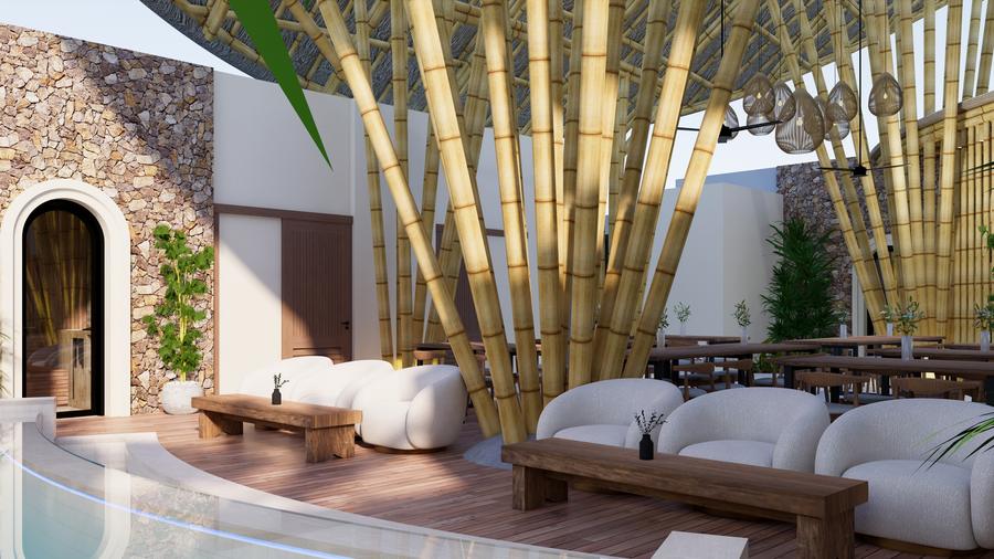White lounge chairs beside the pool under bamboo