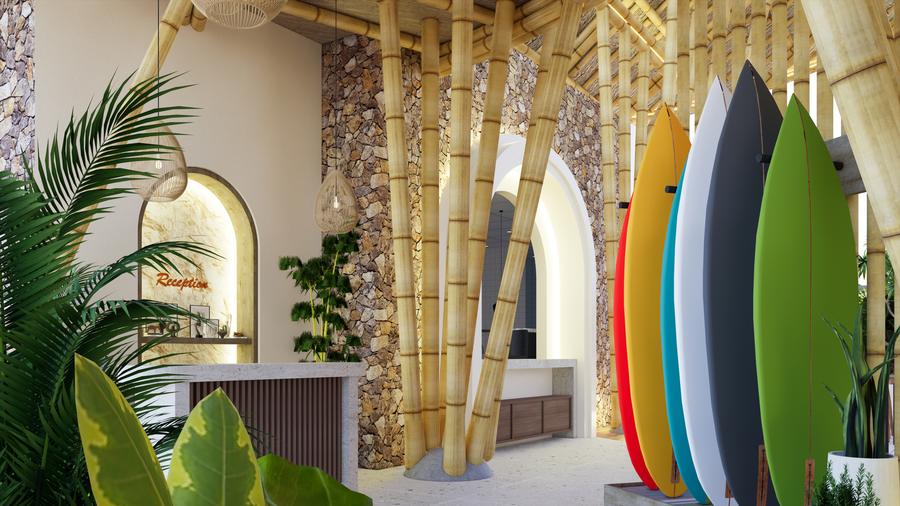 Surfboards racked beside the bamboo reception
