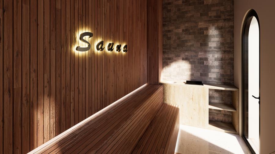 Timber-lined sauna with an arched door