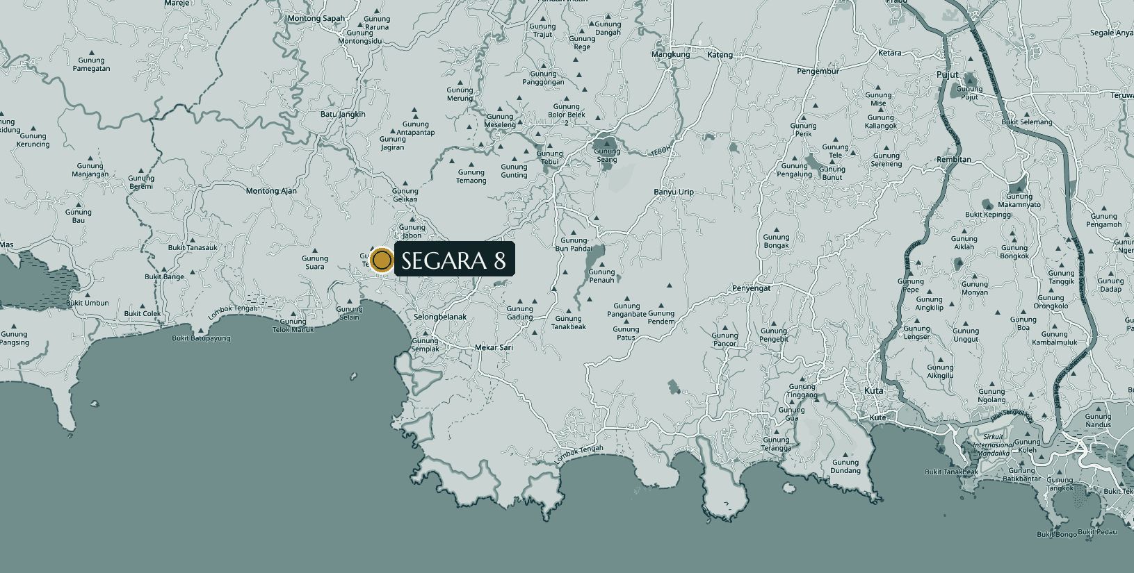 Map of south Lombok showing the SEGARA 8 site in the hills above Selong Belanak, west of Kuta and Mandalika