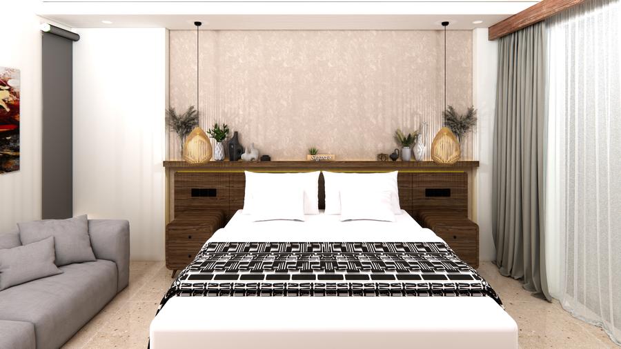 Bedroom with a timber headboard and woven throw