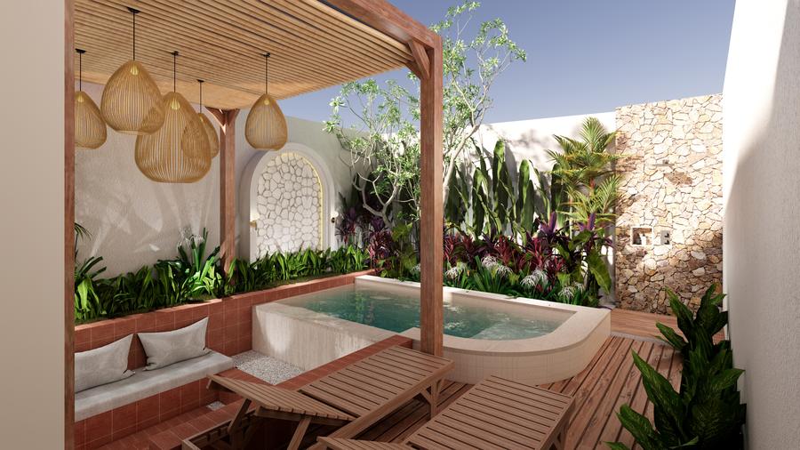 Timber pergola deck with rattan pendant lights and a curved pool
