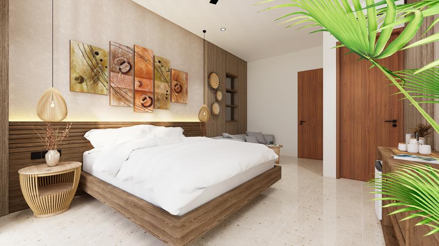 Bedroom with a timber bed and woven artwork