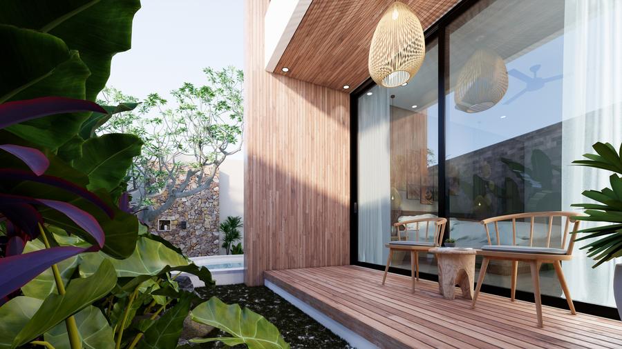 Timber deck with chairs under a deep overhang
