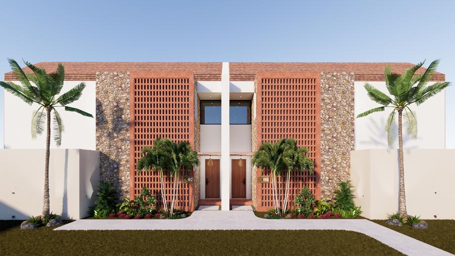 Street front of the two-bedroom villas with clay breeze-block screens