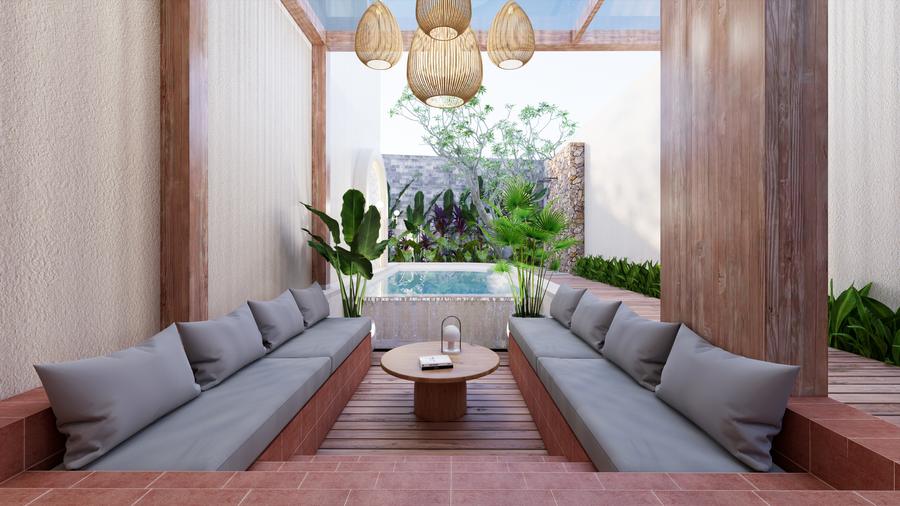 Sunken lounge with built-in seating facing the pool
