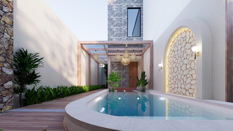 Curved private pool beside a stone wall and an arched screen
