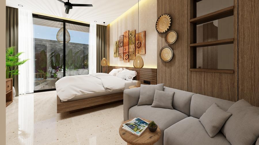 Bedroom with a sofa and a full-height window