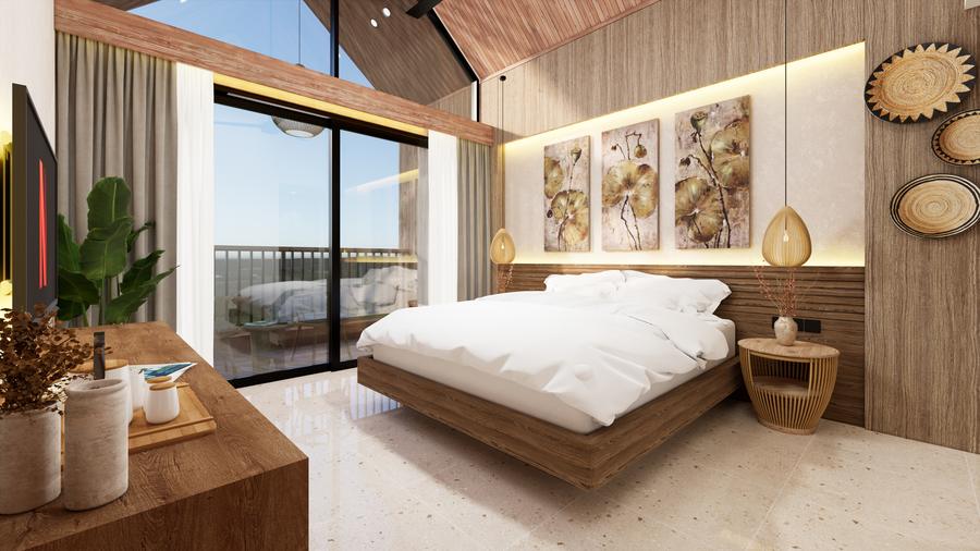 Upper bedroom with a sloping ceiling and sliding glass